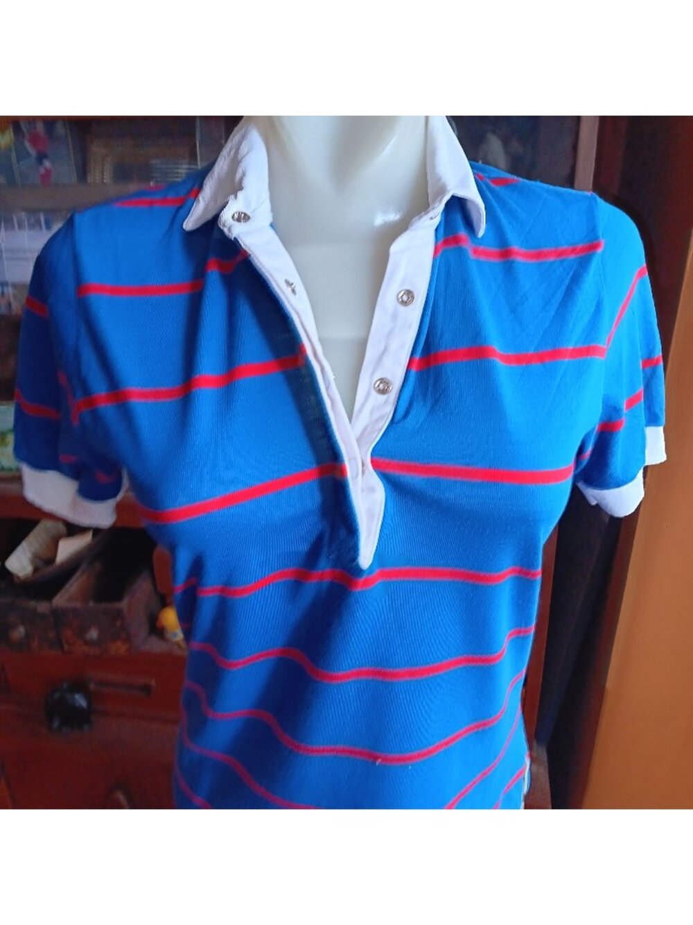 True Vintage Polo Top Small 1980's Rugby Single Stitch Blue/Red Striped Shirt